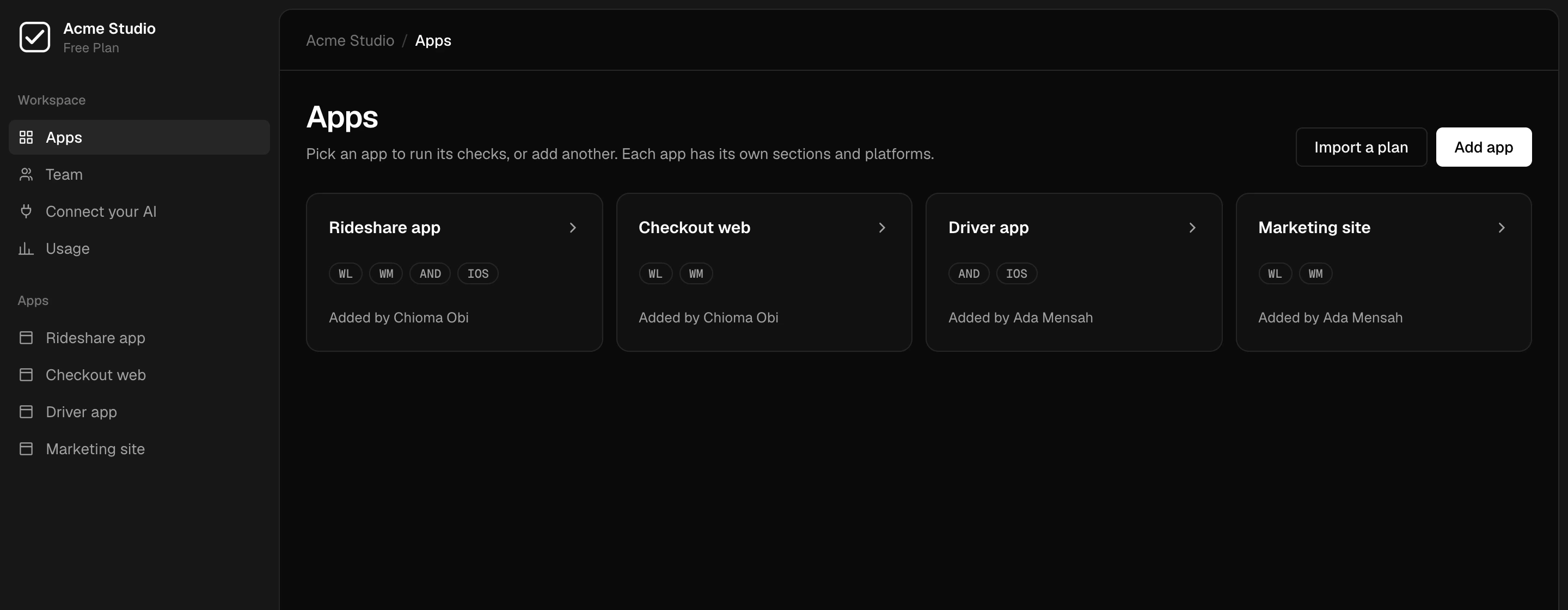 The apps screen, with four apps and the platforms each is tested on.
