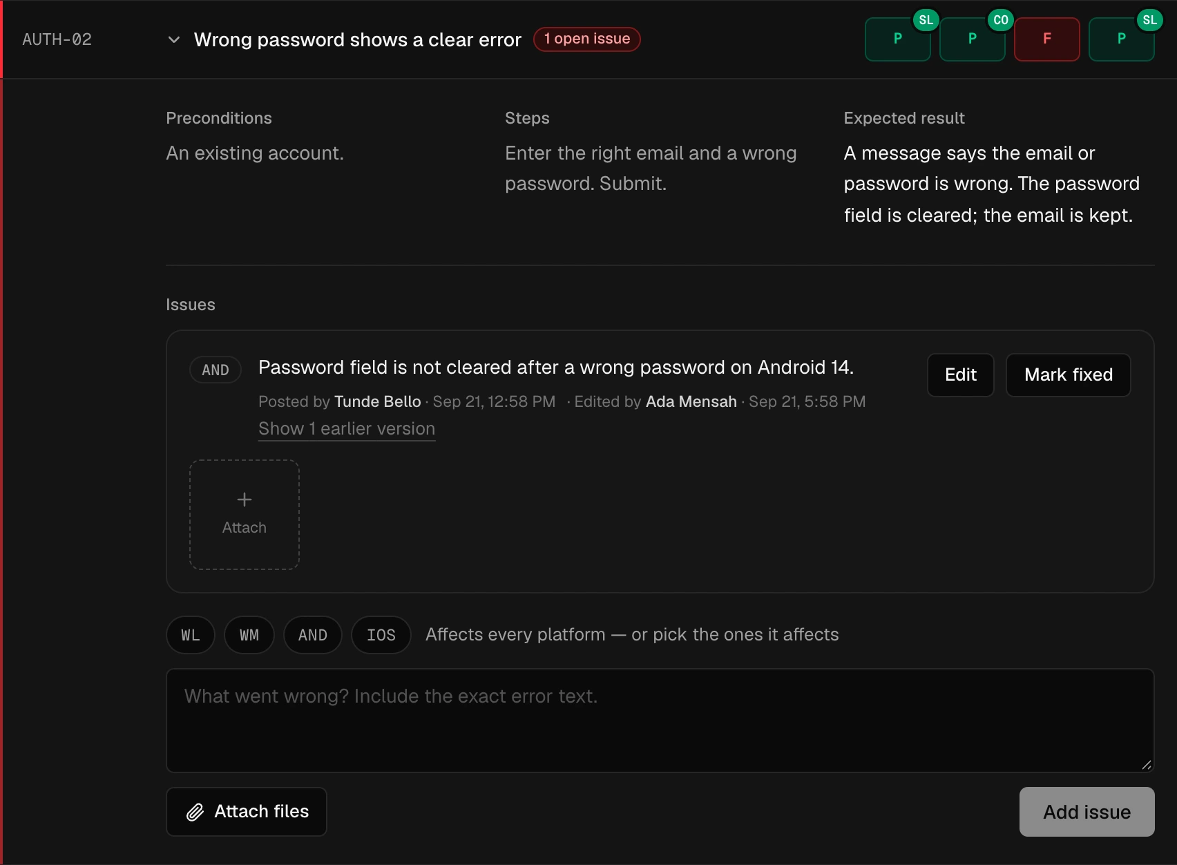 One check opened, showing its preconditions, steps, expected result and an open issue on Android.