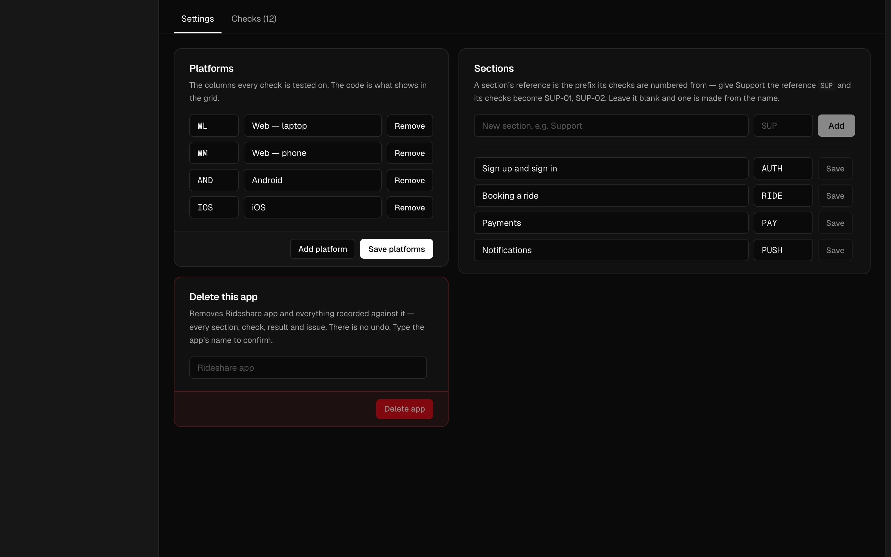 Editing an app: its platforms, sections, adding a check, and deleting the app.