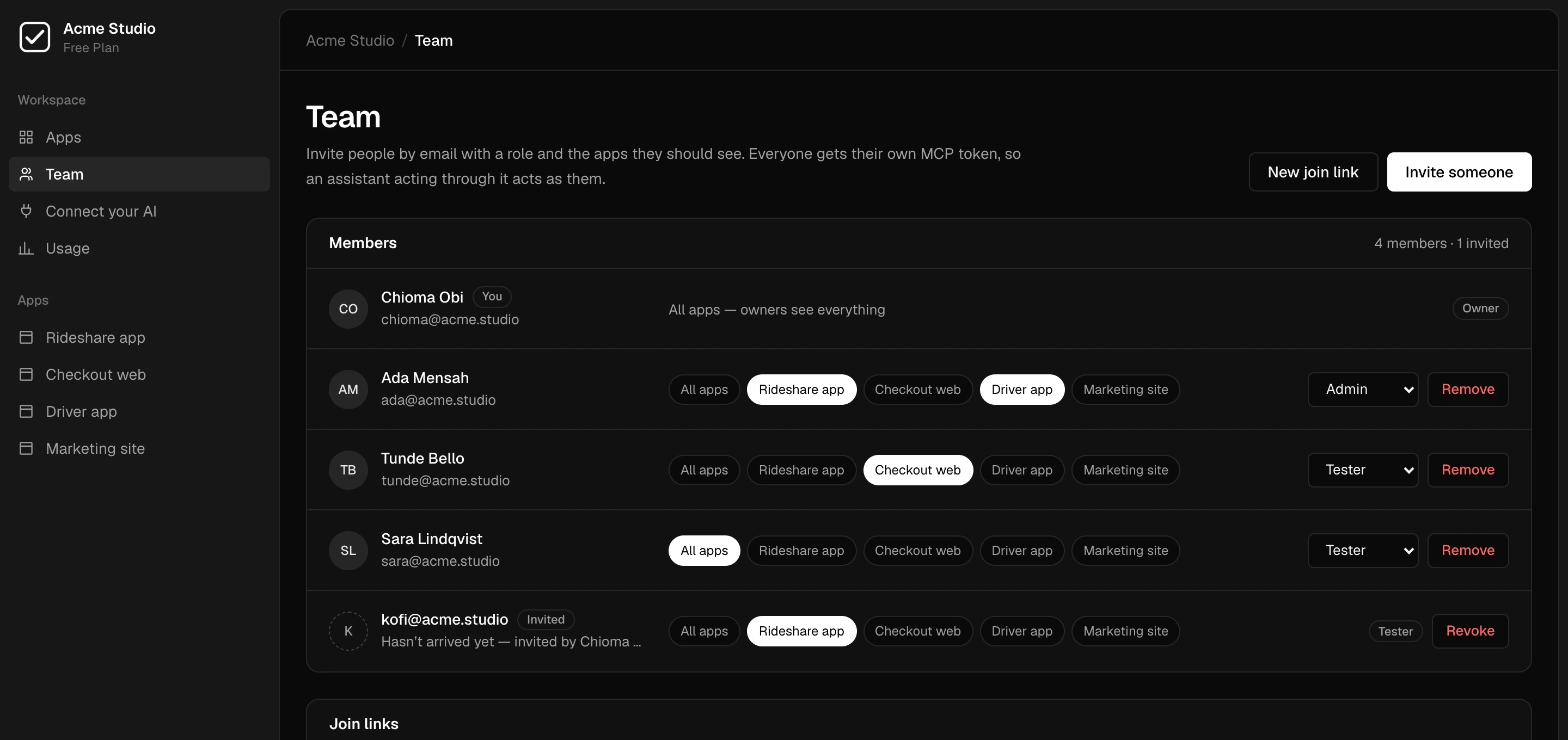 The team screen, listing members with the apps each can see and their role.
